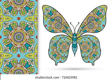 Decorative butterfly and colorful doodle seamless pattern, hand drawn repeating texture. Isolated elements for textile fabric, paper print, invitation or greeting card design. Vector animal collection