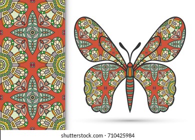 Decorative butterfly and colorful doodle seamless pattern, hand drawn repeating texture. Isolated elements for textile fabric, paper print, invitation or greeting card design. Vector animal collection