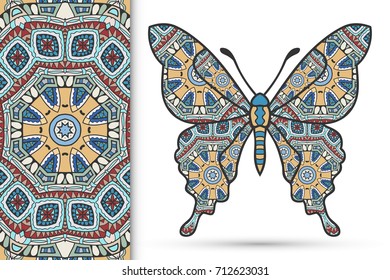 Decorative butterfly and colorful doodle seamless pattern, hand drawn repeating texture. Isolated elements for textile fabric, paper print, invitation or greeting card design. Vector animal collection