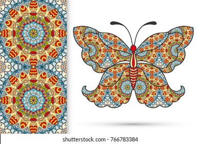 Decorative butterfly and colorful doodle seamless pattern, hand drawn repeating texture. Isolated elements for textile fabric, paper print, invitation or greeting card design. Vector animal collection