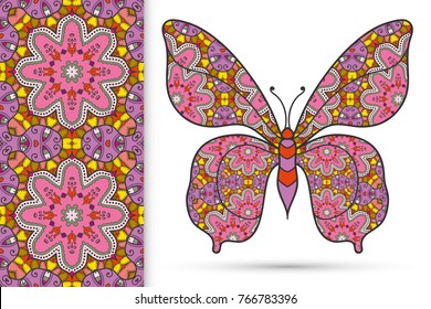 Decorative butterfly and colorful doodle seamless pattern, hand drawn repeating texture. Isolated elements for textile fabric, paper print, invitation or greeting card design. Vector animal collection