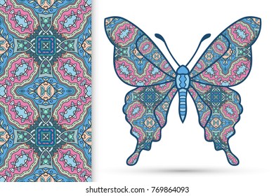 Decorative butterfly and colorful doodle seamless pattern, hand drawn repeating texture. Isolated elements for textile fabric, paper print, invitation or greeting card design. Vector animal collection