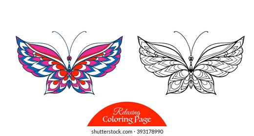 Decorative butterfly. Coloring book for adult and older children. Coloring page with colored sample. Outline drawing. Vector illustration.