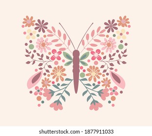 Decorative Butterfly Composed of Cute Flowers, Vector Design for Fashion and Poster Prints