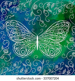 Decorative butterfly in floral frame on the dark blue and green watercolor background