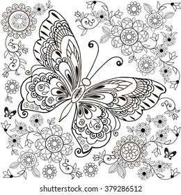 Decorative butterfly with floral ornament for anti Stresa Coloring.