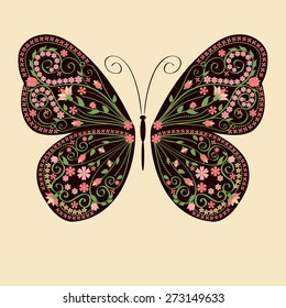 Decorative butterfly with floral decorative ornament. Vector illustration. 