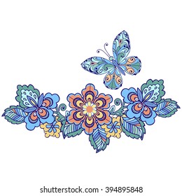 Decorative butterfly with floral patterns for design of cards, invitations.