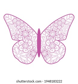 Decorative butterfly, graphic style, hand drawn, pink zentangle butterfly