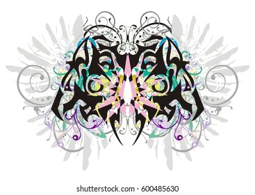 Decorative butterfly with gray eagle wings. Grunge butterfly formed by the birds heads with colorful floral elements

