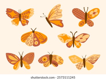 Decorative Butterfly Illustration Collection. A set of eight unique butterfly illustrations featuring floral, and abstract wing patterns. Perfect for artistic, decorative, and nature-inspired designs