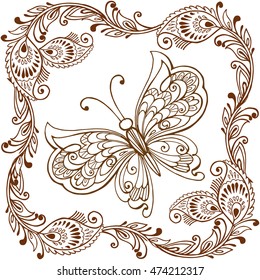 Decorative butterfly with Indian paisley ornament. Decorative butterfly for coloring anti-stress. Vector illustration.