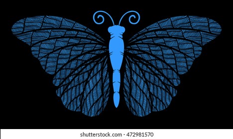 Decorative butterfly, isolated on black background. Vector illustration.