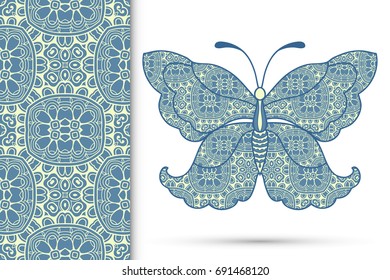 Decorative butterfly and lace doodle seamless pattern, hand drawn repeating texture. Isolated elements for textile fabric, paper print, invitation or greeting card design. Vector animal collection