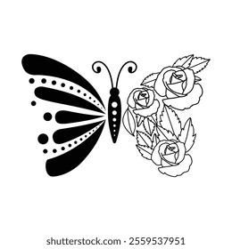 Decorative Butterfly and Rose Fusion Design, Black and White Logo Illustration
