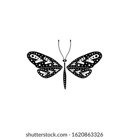 Decorative butterfly silhouette isolated on white background. Creative cut out, linocut vector illustration, clip art. 