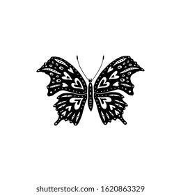 Decorative butterfly silhouette isolated on white background. Creative cut out, linocut vector illustration, clip art. 