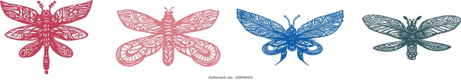 Decorative butterfly single clip art set. Vintage vector botanical flower icon group for eco beauty. Illustration of summer wildlife insect with ornate bloom. 
