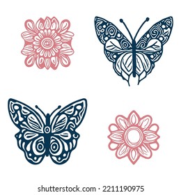 Decorative butterfly single clip art set. Vintage vector botanical flower icon group for eco beauty. Illustration of summer wildlife insect with ornate bloom. 