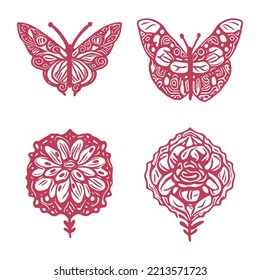 Decorative butterfly single clip art set. Vintage vector botanical flower icon group for eco beauty. Illustration of summer wildlife insect with ornate bloom. 
