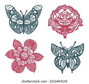 Decorative butterfly single clip art set. Vintage vector botanical flower icon group for eco beauty. Illustration of summer wildlife insect with ornate bloom. 