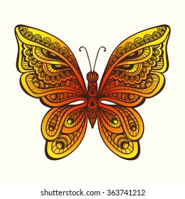 Decorative butterfly. Vector illustration. This illustration can be used as a greeting card or as a print on T-shirts and bags.