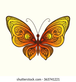 Decorative butterfly. Vector illustration. This illustration can be used as a greeting card or as a print on T-shirts and bags.