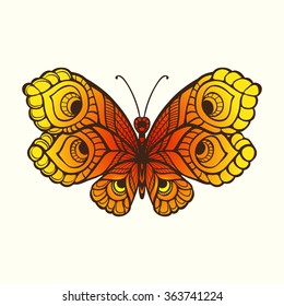 Decorative butterfly. Vector illustration. This illustration can be used as a greeting card or as a print on T-shirts and bags.