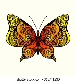 Decorative butterfly. Vector illustration. This illustration can be used as a greeting card or as a print on T-shirts and bags.