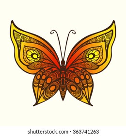 Decorative butterfly. Vector illustration. This illustration can be used as a greeting card or as a print on T-shirts and bags.