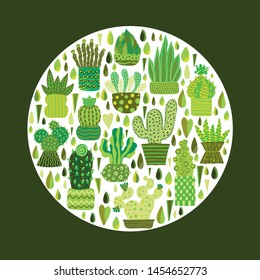 Decorative cacti in a circle. Cute vector postcard.