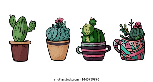 Decorative cacti for interior. Collection of potted plants. Doodles. Hygge. - Vector. Vector illustration