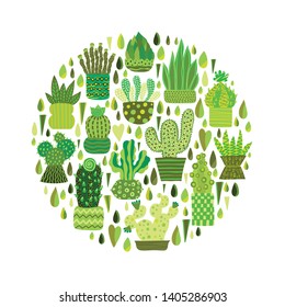 Decorative cacti and succulents. Cute vector postcard.