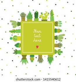 Decorative cacti and succulents. Cute vector postcard.