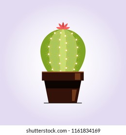 Decorative cactus with prickles on the white background. Home plant in pot. Flat style icon