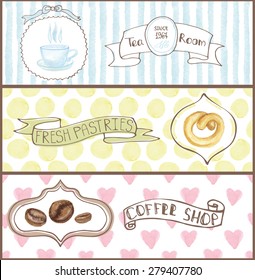 Decorative cafe ,tea room confectionary Watercolor tags labels set with traditional cap, coffee beans,pretzel  design horizontal banners .Vintage abstract vector illustration, isolated.Hand painted 