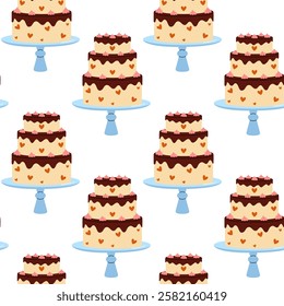 Decorative cake pattern with multiple tiers showcasing playful design elements and heart motifs