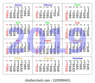 Decorative calendar for 2019 on a white background. Can be used as a wall calendar or as a template for your design. Vector illustration.