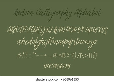 Decorative calligraphic alphabet. Handwritten brush letters. Uppercase, lowercase. Hand drawn ABC for your Designs: wallpaper, pattern, poster, postcard, logo, wedding invitation. Vector Illustrations