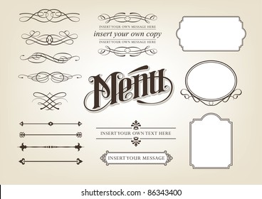 Decorative calligraphic design set - menu, cafe, food vector illustration