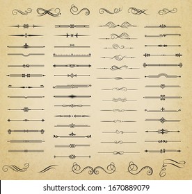 Dibujo vectorial aislado de cuadros de divisores caligráficos decorativos.
Esta imagen es un conjunto de bordes decorativos de época y separadores de páginas. 