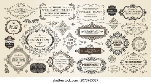 Decorative calligraphic elements for certificates, posters and cards in retro style. Vintage frames collection. Luxury classic vignettes, borders, labels and monograms isolated on a white background. 