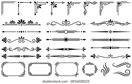 Decorative calligraphic elements page breaks and scroll corners isolated on white background for classic book typography.