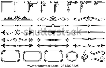 Decorative calligraphic elements page breaks and scroll corners isolated on white background for classic book typography.