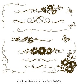 Decorative calligraphic elements with wild chamomile flowers. Floral ornaments and butterfly silhouettes for page decor. Swirl dividers and adornments for wedding card and invitation