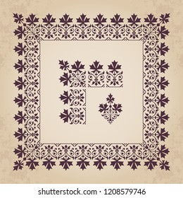 Decorative calligraphic ornamental corner and border elements with frame in vintage style