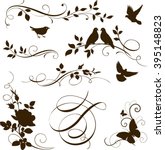 Decorative calligraphic tree branches with birds. Vector set of floral twigs for page decoration