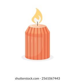 Decorative candle. Burning orange pillar candlestick for home decor, holiday, birthday, Christmas designs. Vector illustration isolated on a white background in flat style.