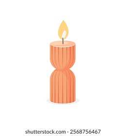 Decorative candle. Burning orange pillar candlestick for home decor, holiday, birthday, Christmas designs. Vector illustration isolated on a white background in flat style.