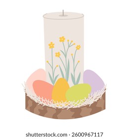Decorative candle with Easter eggs in a nest